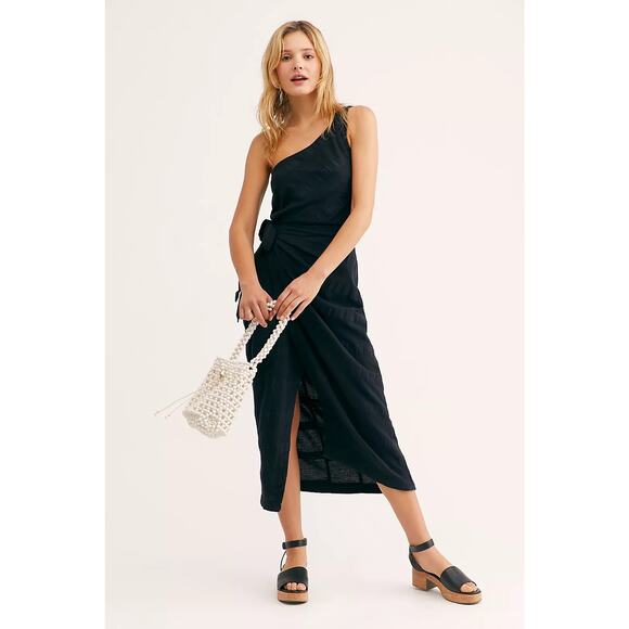Free People At Leisure Black One Shoulder Sleeveless Wrap Midi Dress Size XS - Picture 1 of 8